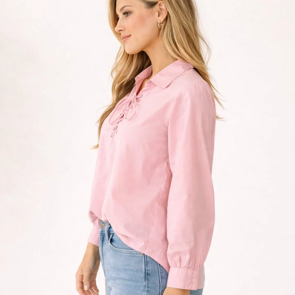 Old Navy Pink Lace-Up Poplin Poet Blouse Cottagecore Renaissance Small - Picture 2 of 16